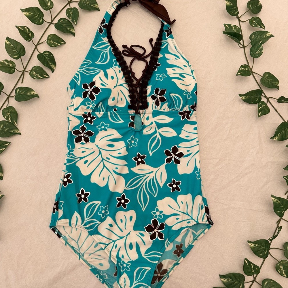 Tropical Blue and White One Piece Swimsuit with Halter Neck Size S, M, L and XL